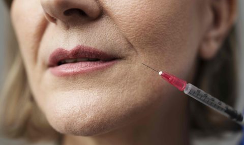 Close-up of a dermal filler or botulinum toxin injection targeting the nasolabial fold area to smooth deep wrinkles – featured in Toxifillers.com educational blog.