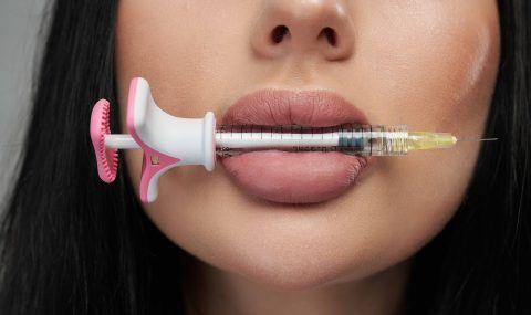 Close-up of plump lips with a syringe for hyaluronic acid filler injection – aesthetic medicine and lip augmentation.