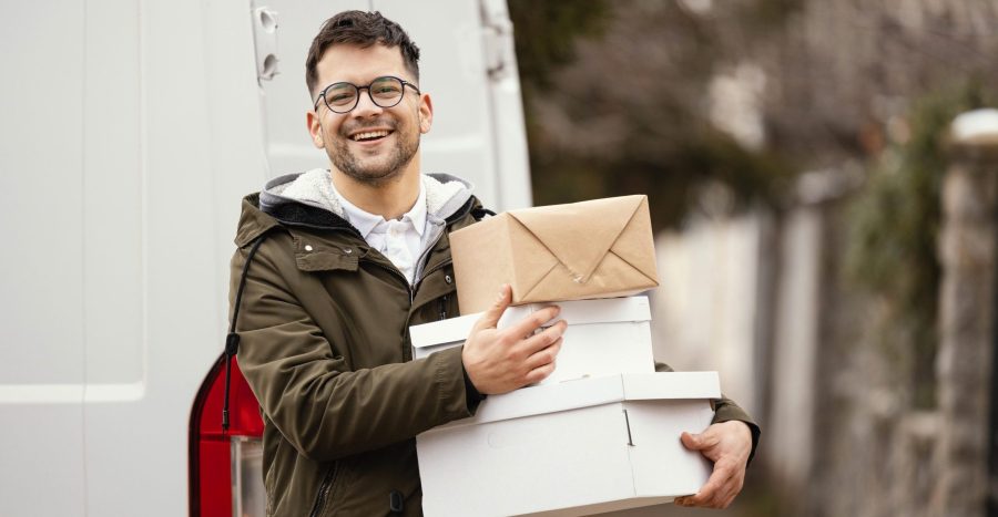 Fast & Secure Dermal Fillers Delivery – Fillers Market | toxifillers.com Smiling courier delivering dermal filler packages – fast and safe delivery from Fillers Market via toxifillers.com